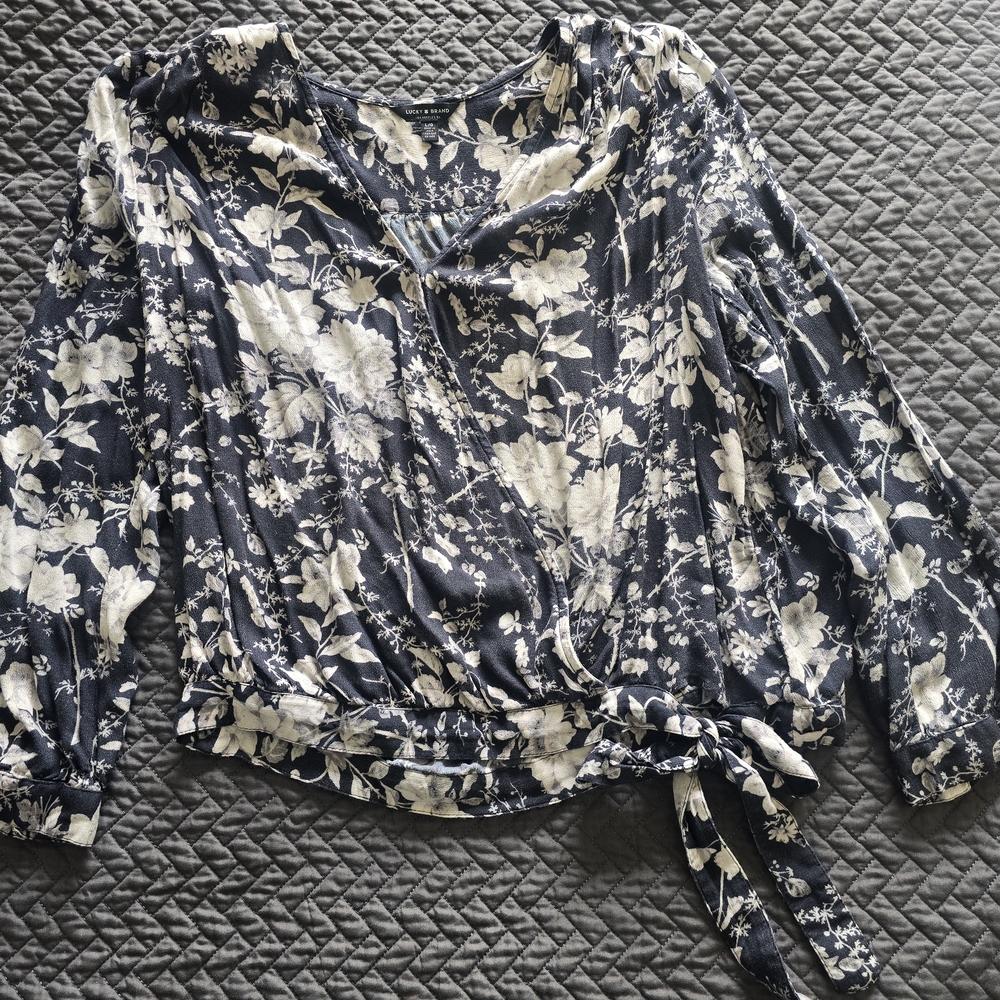 Floral Wrap Blouse - Navy and White